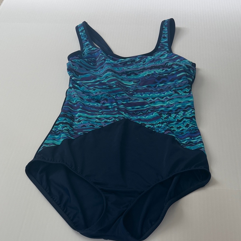Lands' End Teal & Navy Patterned One-Piece Swim Suit